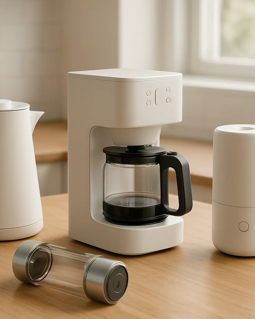 Editorial product photography of compact home gadgets on a clean