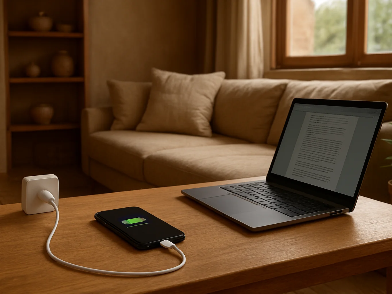 Video preview poster: a tidy living room with a desk gadget charg
