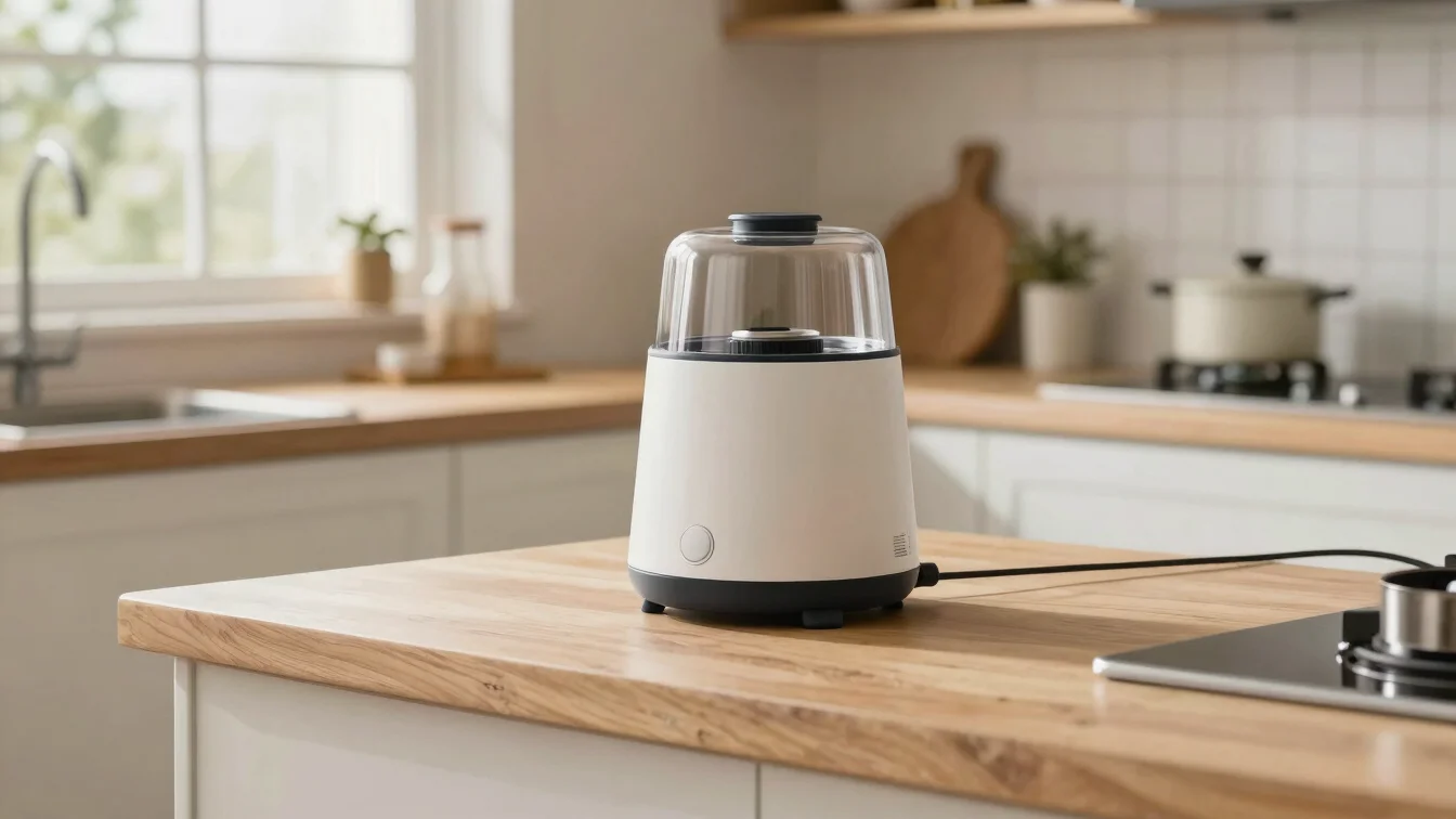 Editorial product photography of a compact kitchen gadget in use