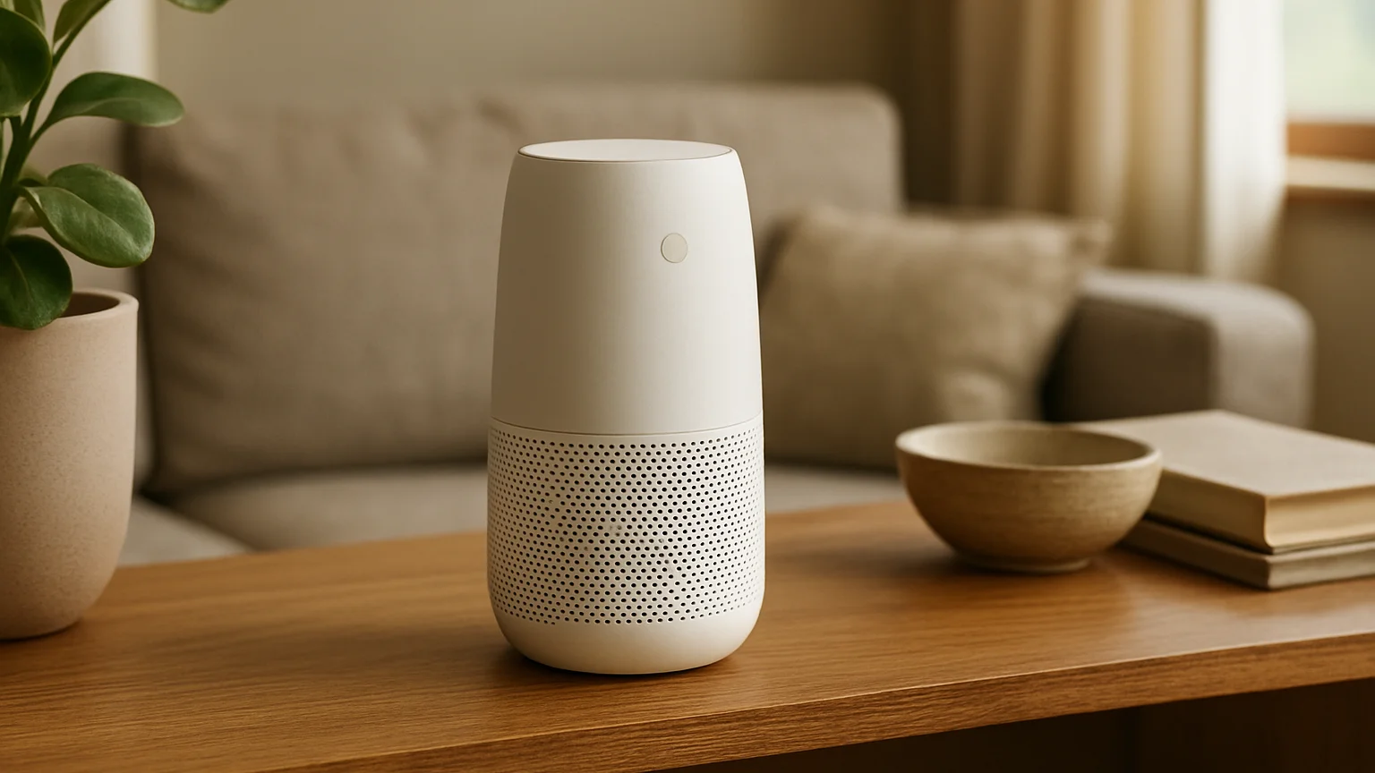 Editorial product photography of a smart home device on a living