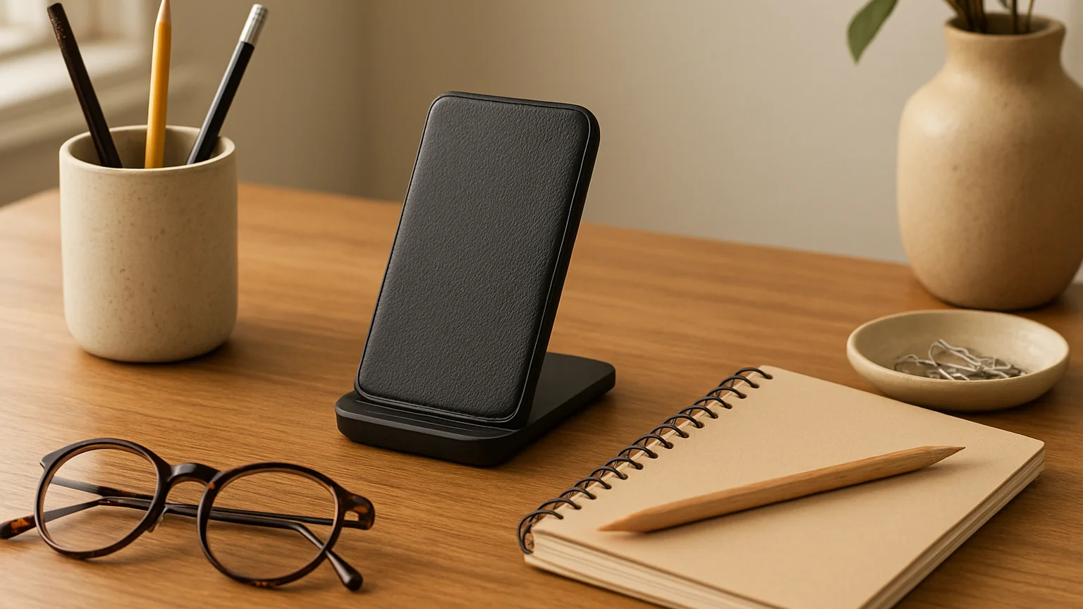 Editorial product photography of desk accessories and a charging